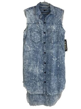 Kroix Sleeveless Acid Wash Denim Shirt Dress Paint Splatter Raw Hem Hi-Low Tunic